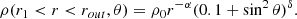 $$ \begin{aligned} \rho (r_{1} < r < r_{out}, \theta ) = \rho _0 r^{-\alpha } (0.1 + \sin ^2 \theta )^\delta . \end{aligned} $$