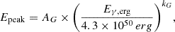 $$ \begin{aligned} E_{\rm {peak}} = A_G \times \Biggl (\frac{E_{\rm {\gamma } \mathrm {, erg}}}{4.3 \times 10^{50}\,erg}\Biggl )^{k_{G}}, \end{aligned} $$