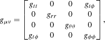 $$ \begin{aligned} g_{\mu \nu } = \begin{bmatrix} g_{tt}&0&0&g_{t \phi }\\ 0&g_{rr}&0&0 \\ 0&0&g_{\theta \theta }&0 \\ g_{t \phi }&0&0&g_{\phi \phi }\\ \end{bmatrix}, \end{aligned} $$