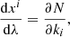 $$ \begin{aligned} \frac{\mathrm{d}x^{i}}{\mathrm{d}\lambda }&= \frac{\partial N}{\partial k_{i}}, \end{aligned} $$