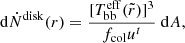 $$ \begin{aligned} \mathrm{d}\dot{N}^\mathrm{disk}(r) = \frac{[T^\mathrm{eff}_{\rm bb}(\tilde{r})]^3 }{f_{\rm col}u^{t}}~\mathrm{d}A, \end{aligned} $$