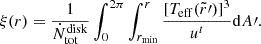 $$ \begin{aligned} \xi (r) = \frac{1}{\dot{N}_{\rm tot}^\mathrm{disk}} \int ^{2\pi }_{0} \int ^r_{r_{\rm min}} \frac{[T_{\rm eff}(\tilde{r}\prime )]^3 }{u^{t}}\mathrm{d}A\prime . \end{aligned} $$