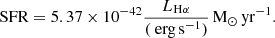 $$ \begin{aligned} \text{ SFR} = 5.37\times 10^{-42} \frac{L_{\rm {H}\alpha }}{(\text{ erg}\,\mathrm{s}^{-1})}\,\mathrm {M}_\odot \,\mathrm {yr}^{-1} .\end{aligned} $$
