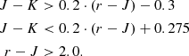 $$ \begin{aligned} J - K&> 0.2 \cdot (r-J) - 0.3 \nonumber \\ J - K&< 0.2 \cdot (r-J) +0.275 \\ r - J&> 2.0. \nonumber \end{aligned} $$