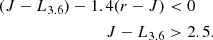 $$ \begin{aligned} (J-L_{3.6}) - 1.4 (r-J)&< 0 \\ J-L_{3.6}&> 2.5. \nonumber \end{aligned} $$