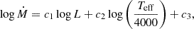 $$ \begin{aligned} \log {\dot{M}} = c_1 \log {L} + c_2\log {\left(\frac{T_{\rm eff}}{4000}\right)} + c_3 , \end{aligned} $$