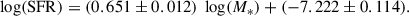 $$ \begin{aligned} \ \ \ \log (\mathrm{SFR}) = (0.651 \pm 0.012)\ \log (M_{*}) + (-7.222 \pm 0.114). \end{aligned} $$