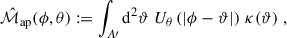 $$ \begin{aligned} \hat{\mathcal{M} }_{\rm ap}(\phi ,\theta ):=\int _{A\prime } \mathrm{d}^2\vartheta \; U_{\theta }\left(|\phi -\vartheta |\right) \, \kappa (\vartheta )\;, \end{aligned} $$
