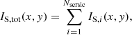 $$ \begin{aligned} I_{\rm S,tot}(x,y) = \sum _{i = 1}^{N_{\rm sersic}} I_{\mathrm{S}, i}(x,y), \end{aligned} $$