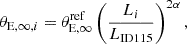 $$ \begin{aligned} \theta _{\mathrm{E,\infty },i}&= \theta _{\rm { E},\infty }^\mathrm{ref} \left(\frac{L_i}{L_\mathrm{ID 115} }\right)^{2 \alpha }, \end{aligned} $$