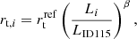 $$ \begin{aligned} r_{\mathrm{t},i}&= r^\mathrm{ref} _{\rm t} \left(\frac{L_i}{L_\mathrm{ID 115} }\right)^{\beta }, \end{aligned} $$