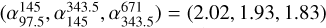 $(\alpha_{97.5}^{145},\alpha_{145}^{343.5}, \alpha_{343.5}^{671})=(2.02, 1.93, 1.83)$