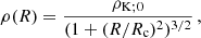 $$ \begin{aligned} \rho (R) = \frac{\rho _{\mathrm{K};0}}{(1 + (R/R_{\rm c})^2)^{3/2}}\, , \end{aligned} $$