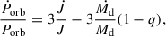 $$ \begin{aligned} \frac{\dot{P}_{\rm orb}}{P_{\rm orb}} = 3\frac{\dot{J}}{J}-3\frac{\dot{M_{\rm d}}}{M_{\rm d}}(1-q), \end{aligned} $$