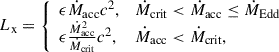 $$ \begin{aligned} L_{\rm {x}}= {\left\{ \begin{array}{ll} \epsilon \dot{M}_{\rm acc}c^{2},&\dot{M}_{\rm {crit}}<\dot{M}_{\rm acc} \le \dot{M}_{\rm {Edd}}\\ \epsilon \frac{\dot{M}_{\rm acc}^2}{\dot{M}_{\rm {crit}}}c^{2},&\dot{M}_{\rm acc} < \dot{M}_{\rm {crit}}, \end{array}\right.} \end{aligned} $$