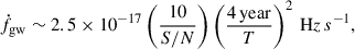 $$ \begin{aligned} \dot{f}_{\rm gw} \sim 2.5 \times 10^{-17} \left(\frac{10}{S/N}\right)\left(\frac{4\,\mathrm {year}}{T}\right)^2 \,\mathrm Hz \, s^{-1}, \end{aligned} $$