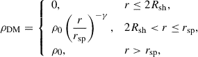 $$ \begin{aligned} \rho _{\rm DM}= {\left\{ \begin{array}{ll} 0,&r\le 2R_{\rm sh},\\ \rho _{0}\left(\dfrac{r}{r_{\rm sp}}\right)^{-\gamma },&2R_{\rm sh} < r\le r_{\rm sp},\\ \rho _{0},&r > r_{\rm sp}, \end{array}\right.} \end{aligned} $$