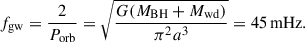 $$ \begin{aligned} f_{\rm gw}=\frac{2}{P_{\rm orb}}=\sqrt{\frac{G(M_{\rm BH}+M_{\rm wd})}{\pi ^2a^3}} = 45\,\mathrm{mHz}. \end{aligned} $$