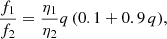 $$ \begin{aligned} \frac{f_1}{f_2}=\frac{\eta _1}{\eta _2}q\,(0.1+0.9\,q), \end{aligned} $$