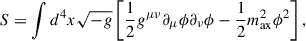 $$ \begin{aligned} S = \int d^4x\sqrt{-g}\left[\frac{1}{2}g^{\mu \nu }\partial _\mu \phi \partial _\nu \phi - \frac{1}{2}m_{\rm ax}^2\phi ^2\right], \end{aligned} $$