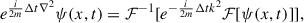 $$ \begin{aligned} e^{\frac{i}{2m}\Delta t \nabla ^2}\psi (x,t) = \mathcal{F} ^{-1}[e^{-\frac{i}{2m}\Delta t k^2}\mathcal{F} [\psi (x,t)]], \end{aligned} $$