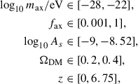 $$ \begin{aligned} \log _{10}{m_{\rm ax}/\mathrm{eV}}&\in [-28, -22], \\ f_{\rm ax}&\in [0.001, 1], \\ \log _{10}A_s&\in [-9, -8.52], \\ \Omega _{\rm DM}&\in [0.2, 0.4], \\ z&\in [0, 6.75], \end{aligned} $$