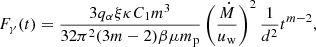$$ \begin{aligned} F_\gamma (t) = \frac{3 q_\alpha \xi \kappa C_1 m^3}{32\pi ^2 (3m-2) \beta \mu m_\text{p}} \left(\frac{\dot{M}}{u_\text{w}}\right)^2 \frac{1}{d^2} t^{m-2}, \end{aligned} $$