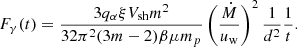 $$ \begin{aligned} F_\gamma (t) = \frac{3q_\alpha \xi V_{\text{sh}} m^2}{32 \pi ^2 (3m-2) \beta \mu m_p} \left(\frac{\dot{M}}{u_\text{w}}\right)^2 \frac{1}{d^2} \frac{1}{t}. \end{aligned} $$