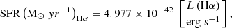 $$ \begin{aligned} \mathrm{SFR}\left({\mathrm{{M}}_\odot \; yr^{-1}}\right)_{\mathrm{H}\alpha } = 4.977 \times 10^{-42}\ \left[\frac{L\left(\mathrm{{H}}\alpha \right)}{\mathrm{erg\; s^{-1}}}\right], \end{aligned} $$