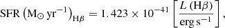 $$ \begin{aligned} \mathrm{{SFR}}\left({\mathrm{{M}}_\odot \, \mathrm{{yr}}^{-1}}\right)_{\mathrm{{H}}\beta } = 1.423 \times 10^{-41} \left[\frac{L\left(\mathrm{{H}}\beta \right)}{\mathrm{erg}\, \mathrm{{s}}^{-1}}\right], \end{aligned} $$