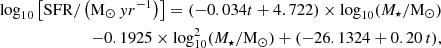 $$ \begin{aligned} \log _{10}\left[\mathrm{{SFR}}/\left({\mathrm{{M}}_\odot \,yr^{-1}}\right)\right] = (-0.034 t + 4.722)\times \log _{10}(M_\star /{\mathrm{{M}}_\odot }) \\ - 0.1925\times \log _{10}^2(M_\star /{\mathrm{{M}}_\odot }) + (-26.1324 + 0.20 \,t), \end{aligned} $$
