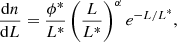 $$ \begin{aligned} \frac{\mathrm{d}n}{\mathrm{d}L} = \frac{\phi ^*}{L^*} \left(\frac{L}{L^*}\right)^\alpha e^{-L/L^*}, \end{aligned} $$