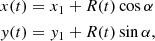 $$ \begin{aligned} x(t)&= x_1 + R(t) \cos \alpha \nonumber \\ y(t)&= y_1 + R(t) \sin \alpha , \end{aligned} $$