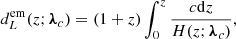 $$ \begin{aligned} d^\mathrm{em}_L(z; \boldsymbol{\lambda }_c) = (1+z)\int _0^z \frac{c\mathrm{d} z}{H(z;\boldsymbol{\lambda }_c)}, \end{aligned} $$