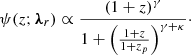$$ \begin{aligned} \psi (z ; \boldsymbol{\lambda }_r) \propto \frac{(1+z)^\gamma }{1+\left(\frac{1+z}{1+z_p}\right)^{\gamma +\kappa }}\cdot \end{aligned} $$
