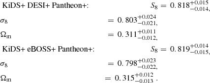 $$ \begin{aligned} \begin{aligned}&\text{ KiDS} \text{+} \text{ DESI} \text{+} \text{ Pantheon+:}\;&S_8&=\,0.818^{+0.015}_{-0.014,}\\&\sigma _8&=\,0.803^{+0.024}_{-0.021,}\\&\Omega _{\rm m}&=\,0.311^{+0.011}_{-0.012,}\\&\text{ KiDS} \text{+} \text{ eBOSS} \text{+} \text{ Pantheon+:}\;&S_8&=\,0.819^{+0.014}_{-0.015,}\\&\sigma _8&=\,0.798^{+0.023}_{-0.022,}\\&\Omega _{\rm m}&=\,0.315^{+0.012}_{-0.013}\;. \end{aligned} \end{aligned} $$