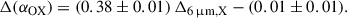 $$ \begin{aligned} \Delta (\alpha _{\rm OX}) = (0.38 \pm 0.01)\,\Delta _{6\,\upmu \mathrm{m},\mathrm{X}} - (0.01 \pm 0.01). \end{aligned} $$
