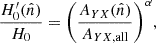 $$ \begin{aligned} \frac{H^{\prime }_0(\hat{n})}{H_0} = \Bigg (\frac{A_{YX}(\hat{n})}{A_{YX,\mathrm{all} }}\Bigg )^{\alpha }, \end{aligned} $$