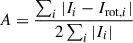 $$ \begin{aligned} A=\frac{\sum _{i}|I_i-I_{\mathrm{rot},i}|}{2\sum _i |I_{i}|} \end{aligned} $$
