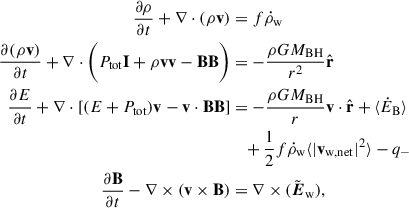 $$ \begin{aligned} \frac{\partial \rho }{\partial t} + \nabla \cdot (\rho \mathbf v )&= f \dot{\rho }_\mathrm{w} \\ \frac{\partial (\rho \mathbf v )}{\partial t} + \nabla \cdot \bigg (P_\mathrm{tot} \mathbf I + \rho \mathbf v \mathbf v - \mathbf B \mathbf B \bigg )&= -\frac{\rho GM_{\mathrm{BH} }}{r^2} \hat{\mathbf{r }} \\ \frac{\partial E}{\partial t} + \nabla \cdot [(E+P_\mathrm{tot} )\mathbf v -\mathbf v \cdot \mathbf B \mathbf B ]&= -\frac{\rho GM_{\mathrm{BH} }}{r}\mathbf v \cdot \hat{\mathbf{r }} + \langle \dot{E}_\mathrm{B} \rangle \\&\quad +\frac{1}{2}f\dot{\rho }_\mathrm{w} \langle | \mathbf v _\mathrm{w,net} |^2 \rangle - q_{-} \\ \frac{\partial \mathbf B }{\partial t} - \nabla \times (\mathbf v \times \mathbf B )&= \nabla \times ({\tilde{\boldsymbol{E}}}_\mathrm{w} ), \end{aligned} $$