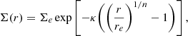 $$ \Sigma (r) = \Sigma _e \exp \left[ -\kappa \Biggl ( \left( \frac{r}{r_e}\right)^{1/n} - 1\Biggr ) \right], $$