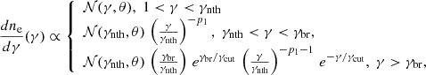 $$ \begin{aligned} \frac{dn_{\rm e}}{d\gamma }(\gamma )\propto {\left\{ \begin{array}{ll} \mathcal{N} (\gamma ,\theta ), \; 1<\gamma <\gamma _{\rm nth}\\ \mathcal{N} (\gamma _{\rm nth},\theta ) \, \left(\frac{\gamma }{\gamma _{\rm nth}} \right)^{-p_1}, \; \gamma _{\rm nth} < \gamma < \gamma _{\rm br},\\ \mathcal{N} (\gamma _{\rm nth},\theta ) \, \left(\frac{\gamma _{\rm br}}{\gamma _{\rm nth}} \right) \, e^{\gamma _{\rm br}/\gamma _{\rm cut}} \, \left(\frac{\gamma }{\gamma _{\rm nth}} \right)^{-p_1-1} \, e^{-\gamma /\gamma _{\rm cut}}, \; \gamma > \gamma _{\rm br}, \end{array}\right.} \end{aligned} $$