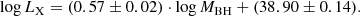 $$ \begin{aligned} \log L_{\rm X} = (0.57\pm 0.02)\cdot \log M_{\mathrm{BH}} + (38.90\pm 0.14). \end{aligned} $$