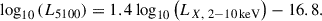 $$ \begin{aligned} \log _{10}\left(L_{5100}\right) = 1.4 \log _{10}\left(L_{X,~2-10\,\mathrm{keV}}\right) - 16.8. \end{aligned} $$