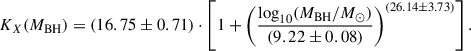 $$ \begin{aligned} K_X(M_{\text{BH}}) = (16.75\pm 0.71) \cdot \left[ 1 + \left( \frac{\log _{10}(M_{\text{BH}}/M_{\odot })}{(9.22\pm 0.08)} \right)^{(26.14\pm 3.73)} \right]. \end{aligned} $$