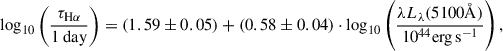 $$ \begin{aligned} \log _{10} \left( \frac{\tau _{\mathrm{H} \alpha }}{1~\mathrm{day} } \right) = (1.59 \pm 0.05) + (0.58 \pm 0.04)\cdot \log _{10} \left( \frac{\lambda L_{\lambda }(5100 \AA )}{10^{44}\mathrm {erg\,s}^{-1}} \right), \end{aligned} $$