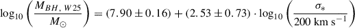 $$ \begin{aligned} \log _{10}\left(\frac{M_{BH,~W25}}{M_{\odot }}\right) = (7.90\pm 0.16) + (2.53\pm 0.73)\cdot \log _{10}\left(\frac{\sigma _{*}}{200~\mathrm{km~s} ^{-1}}\right) \end{aligned} $$