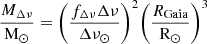 $$ \begin{aligned} \frac{M_{\Delta \nu }}{\mathrm{M}_{\odot }} = \bigg (\frac{f_{\Delta \nu }\Delta \nu }{\Delta \nu _{\odot }}\bigg )^2 \bigg (\frac{R_\mathrm{Gaia} }{\mathrm{R}_{\odot }}\bigg )^{3} \end{aligned} $$