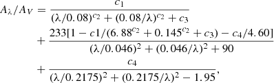 $$ \begin{aligned} \begin{split} A_{\lambda }/A_V&= \frac{c_1}{(\lambda /0.08)^{c_2}+(0.08/\lambda )^{c_2} +c_3} \\&+ \frac{233[1-c1/(6.88^{c_2}+0.145^{c_2}+c_3)-c_4/4.60]}{(\lambda /0.046)^2+(0.046/\lambda )^2+90} \\&+ \frac{c_4}{(\lambda /0.2175)^2+(0.2175/\lambda )^2-1.95}, \end{split} \end{aligned} $$