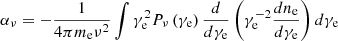 $$ \begin{aligned} \alpha _\nu = - \frac{1}{{4\pi {m_{\mathrm{e}}}{\nu ^2}}}\int {\gamma _{\mathrm{e}}^2} P_\nu \left( {{\gamma _{\mathrm{e}}}} \right)\frac{d}{{d{\gamma _{\mathrm{e}}}}}\left( {\gamma _{\mathrm{e}}^{ - 2}\frac{{d{n_{\mathrm{e}}}}}{{d{\gamma _{\mathrm{e}}}}}} \right)d{\gamma _{\mathrm{e}}} \end{aligned} $$